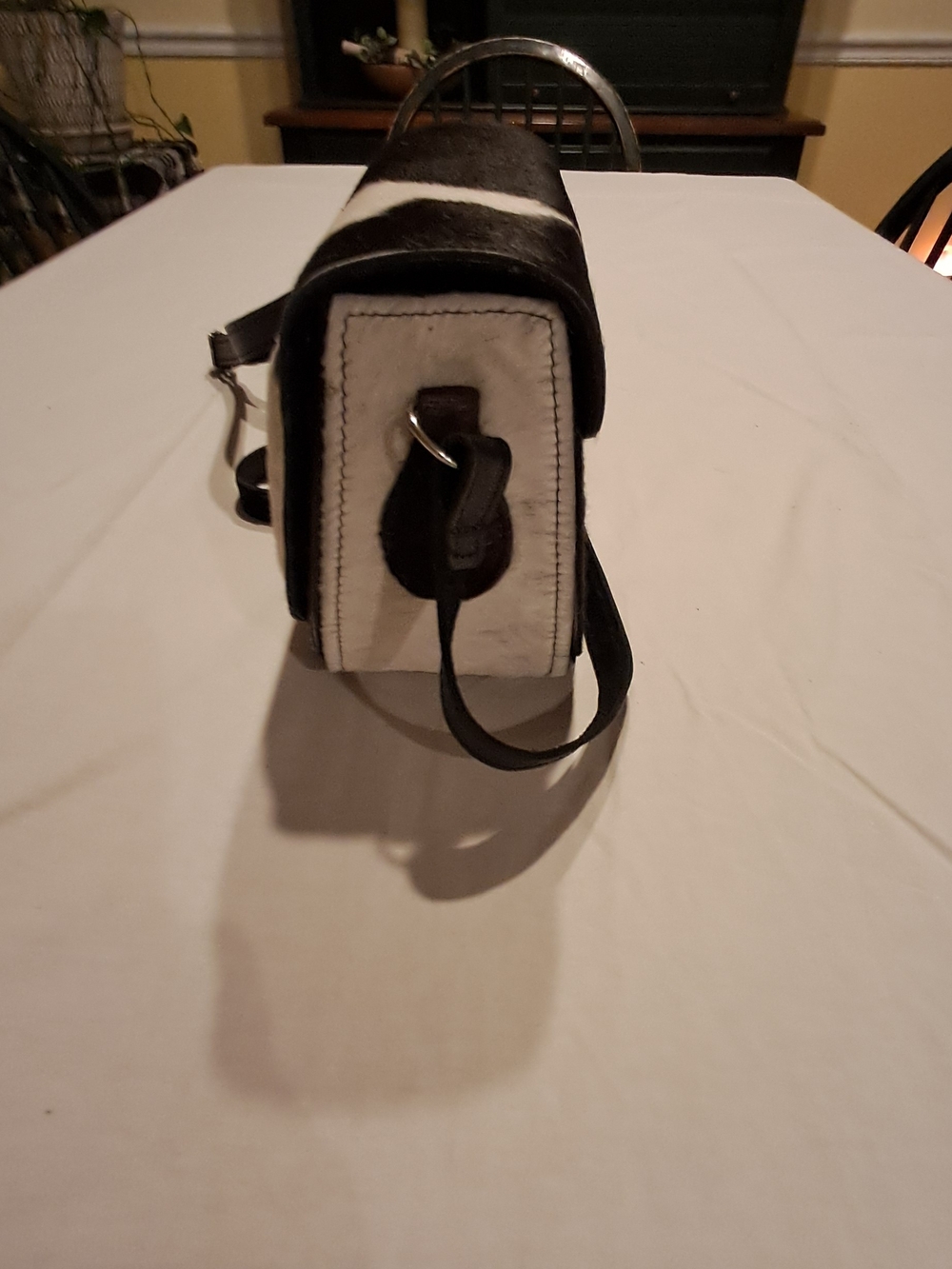 Cowhide Crossbody Saddle Bag - Black & White with adjustable Strap - Picture 5 of 7